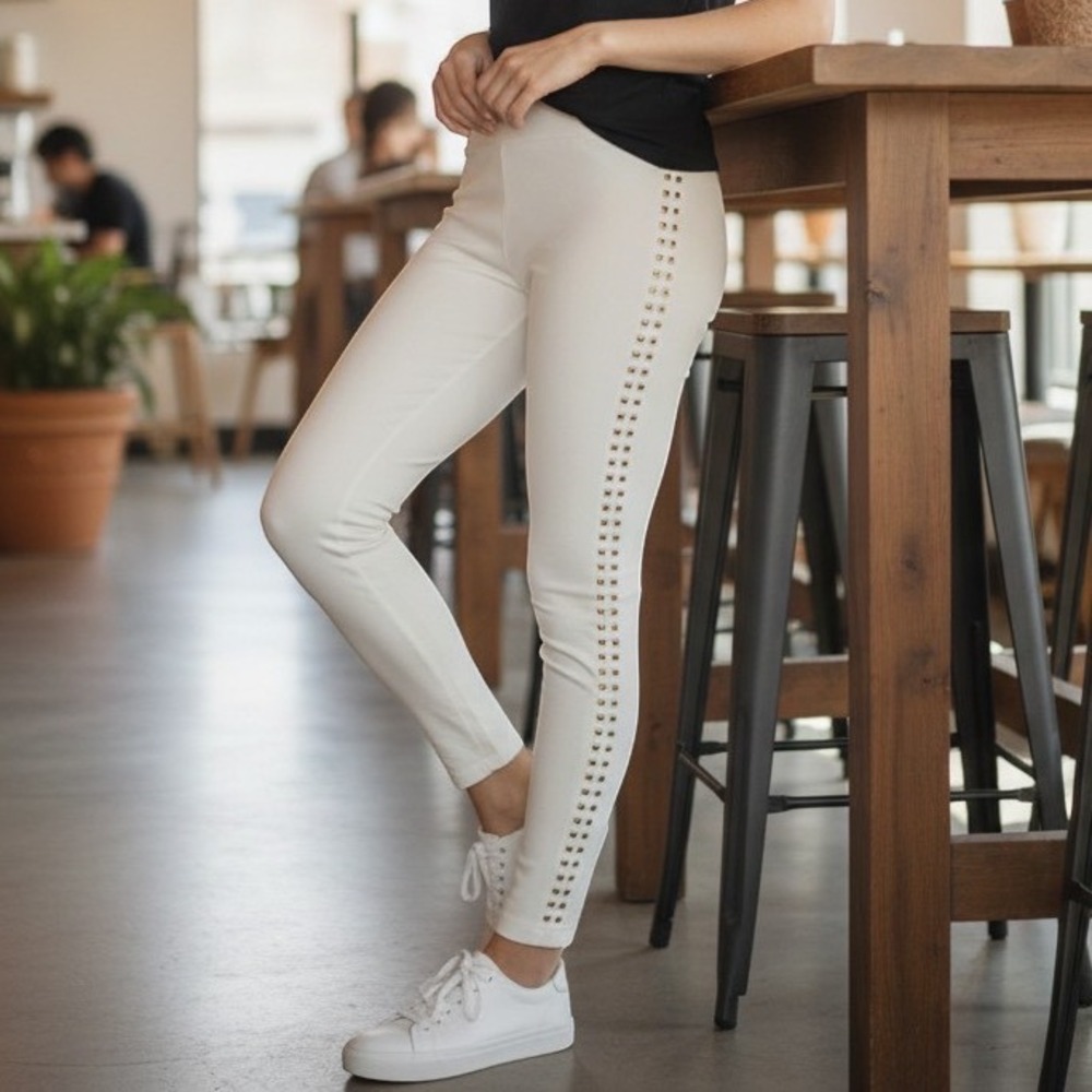 Premise Leggings Women Large White Good Gold Studded Side Stripe Modal Stretch